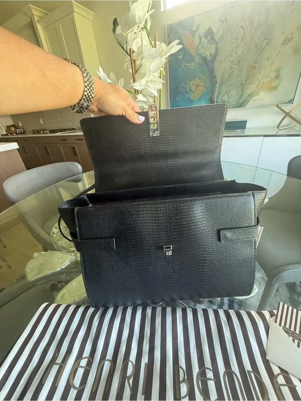 Henri Bendel Black Textured Top-Handle Satchel with Shoulder Strap